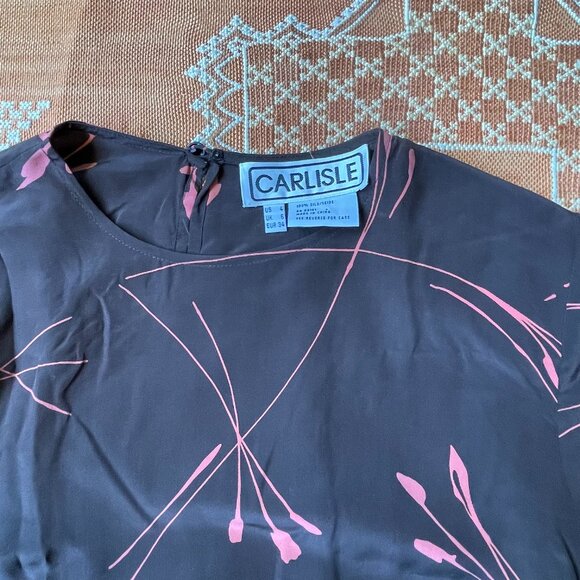 Vintage Carlisle 100% Silk Blouse – Abstract Floral Print | Brown & Rose | sz 6 - Picture 1 of 6